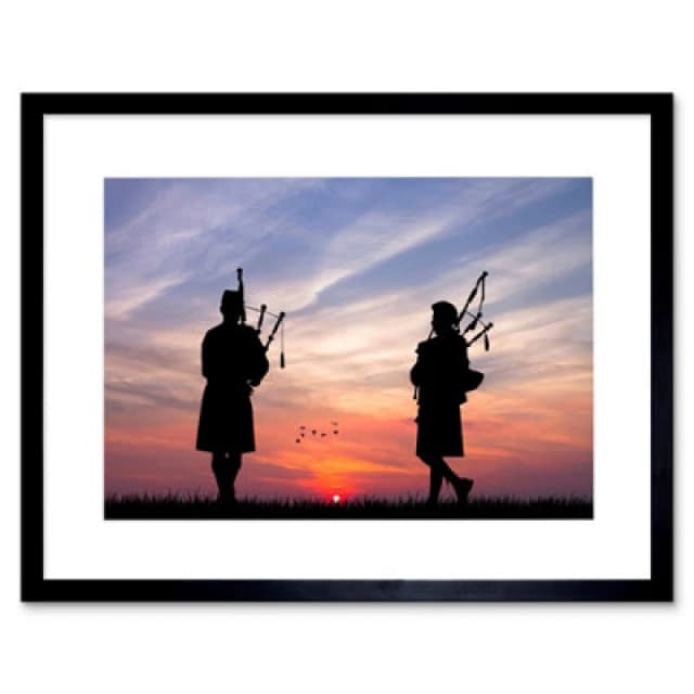 Artery8 Photo Silhouette Sunset Scottish Pipers 12X16" Framed Wall Art Print