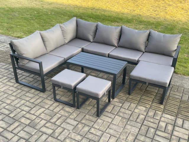Fimous Aluminum 9 Seater Outdoor Lounge Corner Sofa Set Garden Furniture Sets with Oblong Coffee Table 3 Footstools Dark Grey Dark Grey Unisex