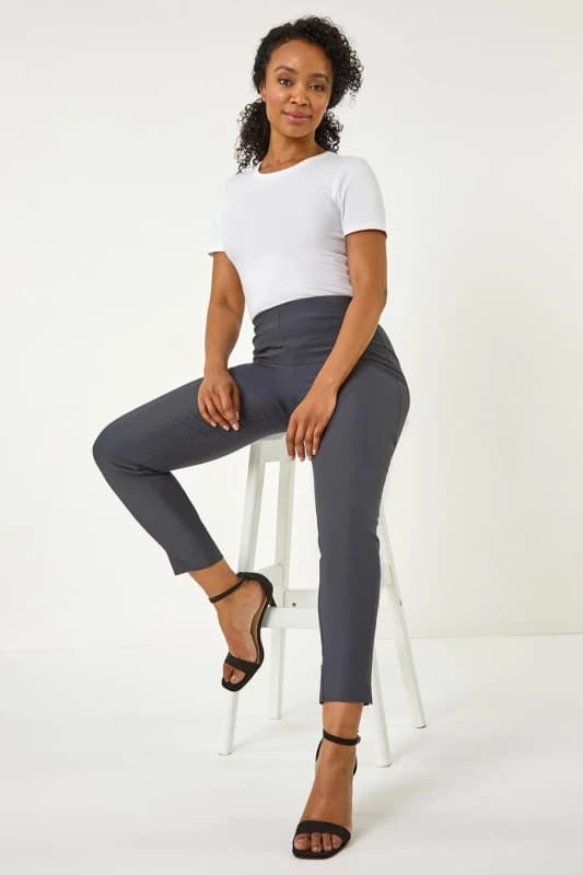 Roman Petite Full Length Elastic Waist Trousers Dark Grey