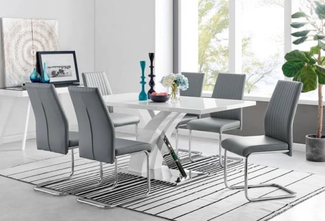FurnitureboxUK Atlanta Modern Rectangle Chrome Metal High Gloss White Dining Table & 6 Lorenzo Chairs Set in Grey Grey Unisex