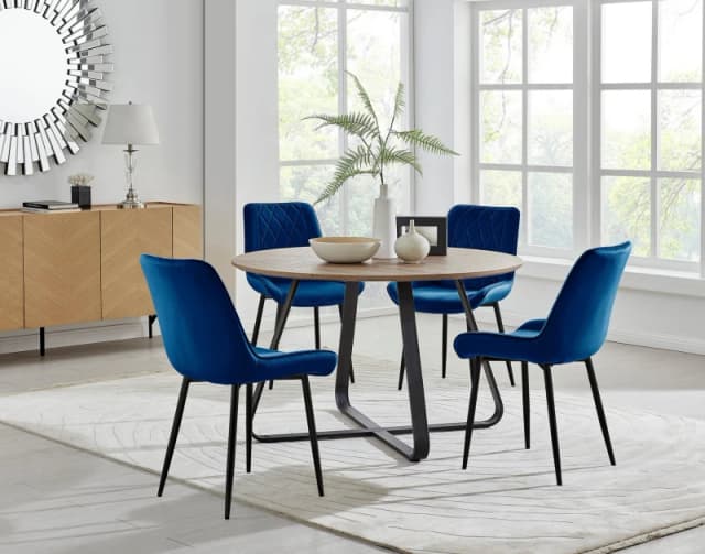 FurnitureboxUK FurnitureboxUK Santorini Brown Round Dining Table And 4 Pesaro Black Leg Chairs in Navy Navy One Size Unisex 5056542640285