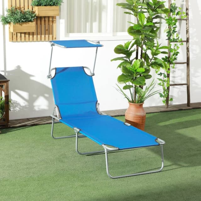 Outsunny Folding Sun Lounger w/ Sunshade Adjustable Backrest Bright Blue 84B-001V00BU