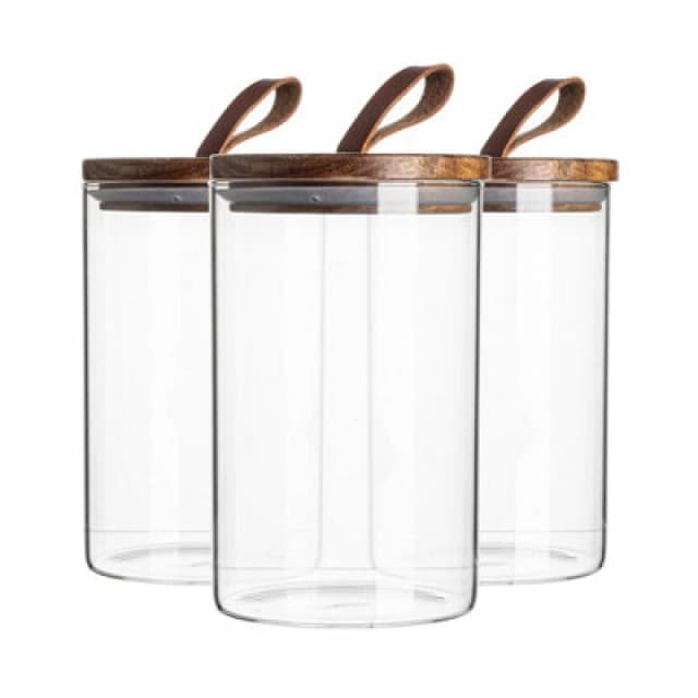 Argon Tableware Scandi Storage Jar with Leather Loop Lid 1 Litre Pack of 3 Clear