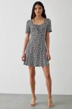 Mono Printed Tie Front Mini Dress
