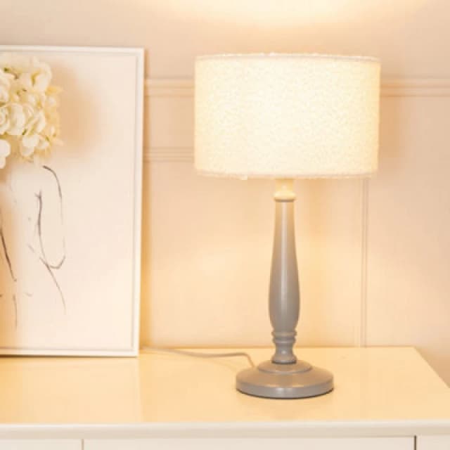 ValueLights Victoria Candlestick Grey Wood Table Lamp with Cream Boucle Drum Lamp Shade Grey