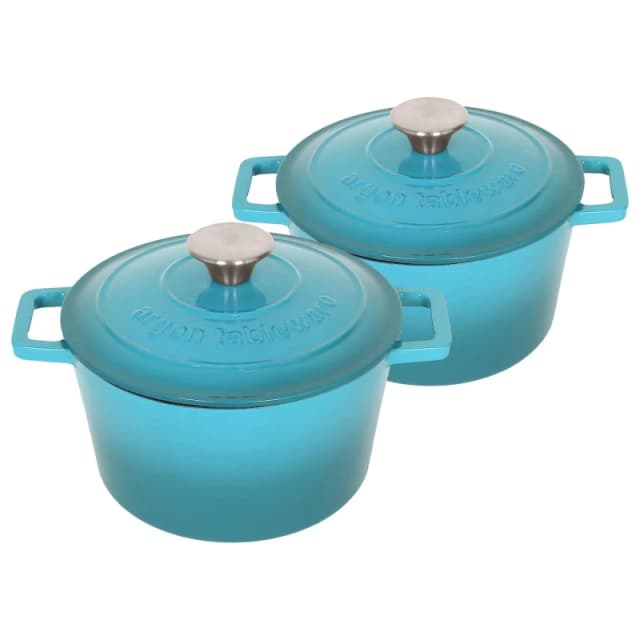 Argon Tableware 2x Round Cast Iron Casserole Dishes with Self Basting Lid - 2.8L in Teal Teal Unisex