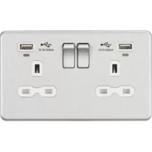MLA Knightsbridge 13A 2 Gang Socket Dual USB (2.4A) W/LED Charge Indicators Brushed Chrome W/White Insert - SFR9904NBCW