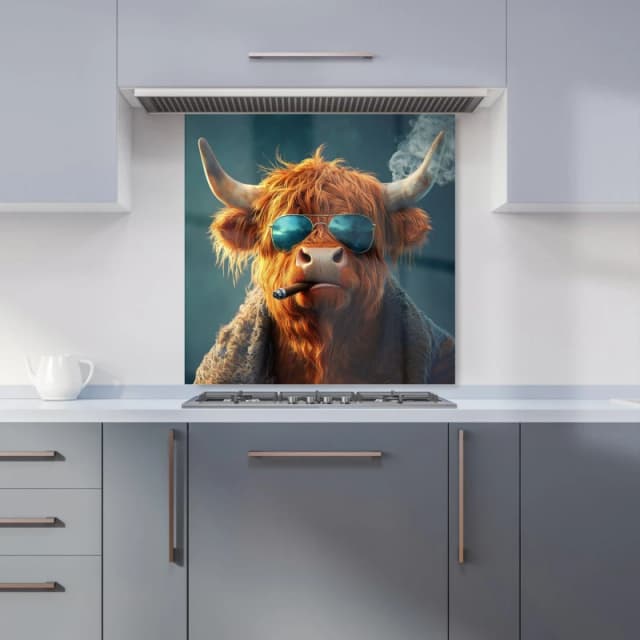 Warren Reed - Designer Highland Cow With Glasses Kitchen Splashback in Blue Size: 600mm x 600mm Blue Unisex 600mm x 600mm