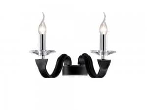 Wall Lamp 2 Candle Light Polished Chrome, Black Faux Leather, Crystal