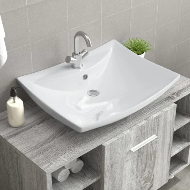 vidaXL Ceramic Basin Rectangular with Overflow & Faucet Hole Bathroom Sink