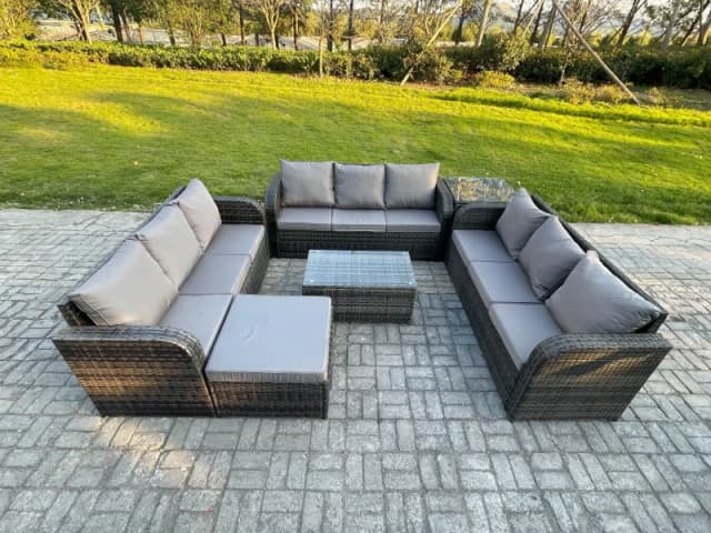 Fimous Rattan Lounge Sofa Set Outdoor Garden Furniture Set with Rectangular Coffee Table 3 Seater Sofa Big Footstool Side Table Dark Grey