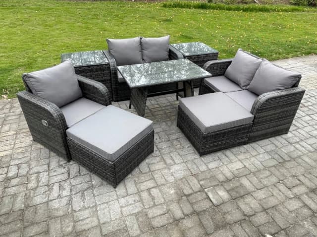 Fimous 7 Seater Outdoor Garden Dining Sets Rattan Furniture With Dining Table Armchairs Love Sofa 2 Big Footstool 2 Side Tables Dark Grey Mixed Dark G