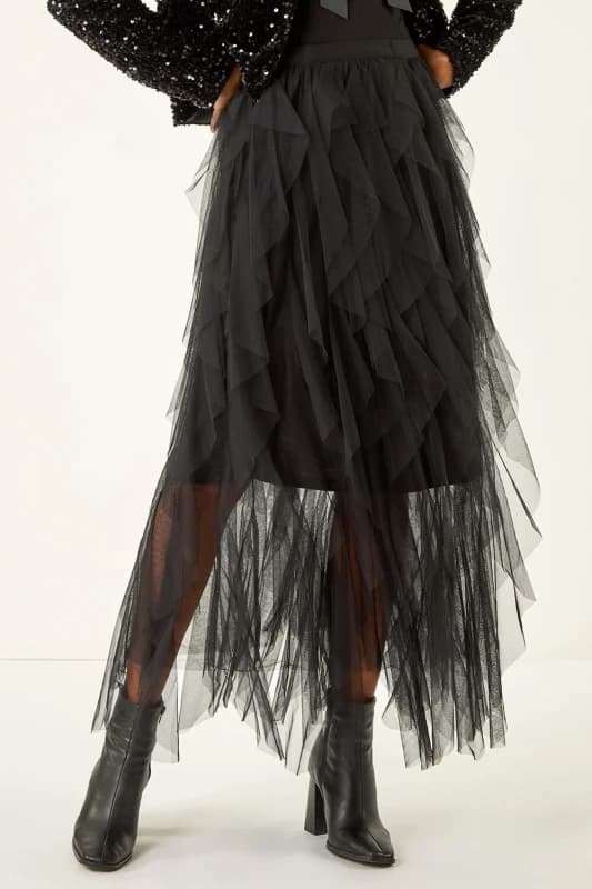 Roman Elastic Waist Mesh Layered A Line Skirt Black