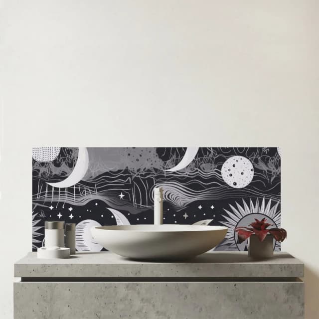 Warren Reed - Designer Abstract Black White Moon & Sun Glass Bathroom Splashback in Grey Grey Unisex