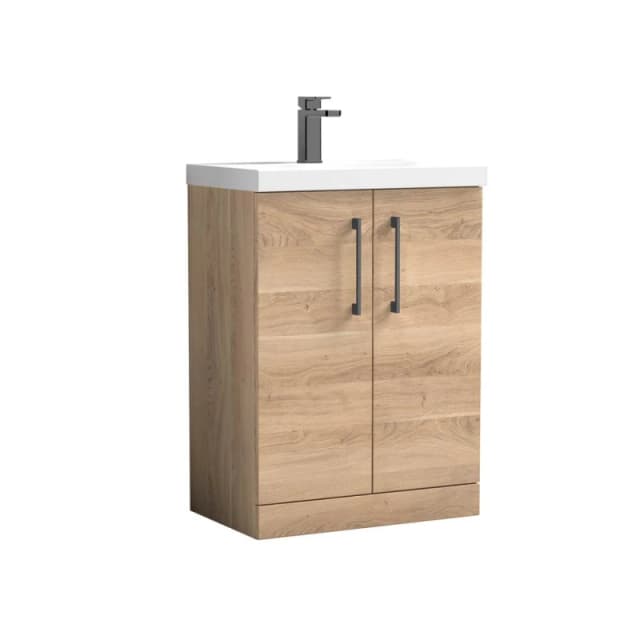 BALTERLEY Balterley Level Contemporary Bathroom Floor Standing 2-Door Vanity & Basin, Bleached Oak, 600mm BALARN3003AH716