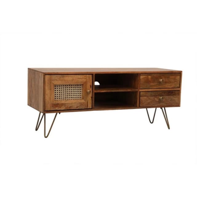 Jaipur Furniture Ltd Nyack TV unit - Mango Wood/Iron - L40 x W120 x H50cm - Light Brown with Natural Rattan - Assembly Required Brown Unisex