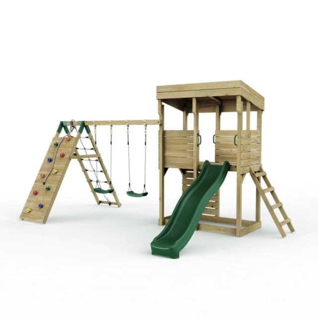 OutdoorToys XL Lookout Tower with Swings & Climb Wall plus Slide for Kids in Brown Brown Unisex