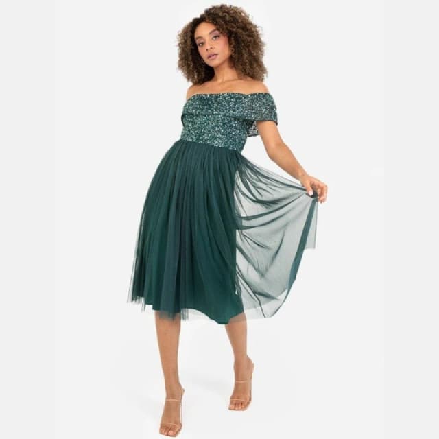 Maya Deluxe Maya Bardot Embellished Midi Dress Emerald female 6 (2XS)