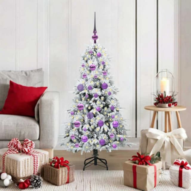 vidaXL Artificial Hinged Christmas Tree with Lilac Balls Snow Flocked Green 120cm PE and PVC, Green 3397464