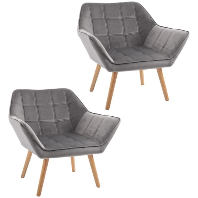 HOMCOM Accent Chair Set: Pair of Armchairs with Wide Arms, Slanted Back, Iron Frame & Wooden Legs, Grey Upholstery Aosom UK
