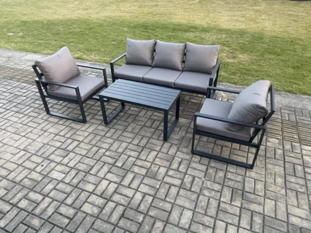 Fimous Aluminium Outdoor Garden Furniture Set Patio Lounge Sofa with Oblong Coffee Table 2 Armchairs Set Dark Grey Dark Grey Unisex