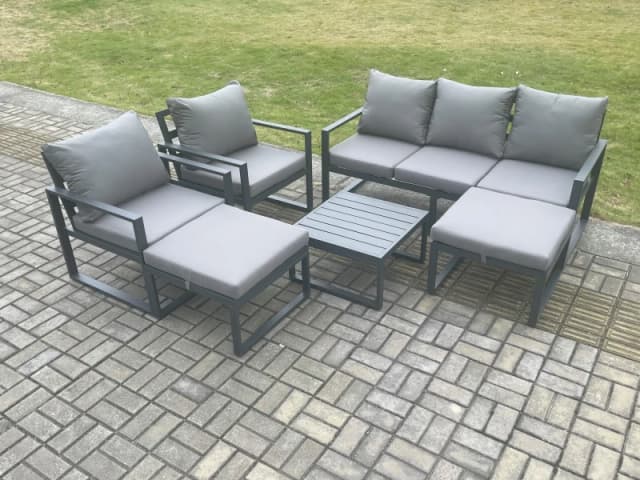 Fimous Aluminium Outdoor Lounge Sofa Set Garden Furniture Sets with Square Coffee Table 2 Chairs 2 Big Footstools Dark Grey 7 Seater Dark Grey Unisex