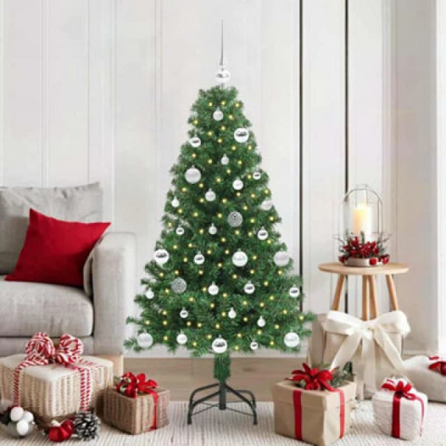 vidaXL Artificial Christmas Tree with 150 LEDs, Silver Balls with Stand Green 150 cm, Green 3396905