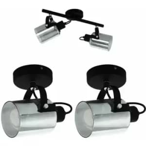 Twin Ceiling Spot Light & 2x Matching Wall Lights Black Vaporized Glass Shade