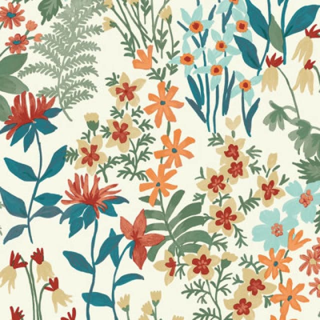 Grandeco Ditsy Floral Agnala Textured Wallpaper, Green Teal Orange