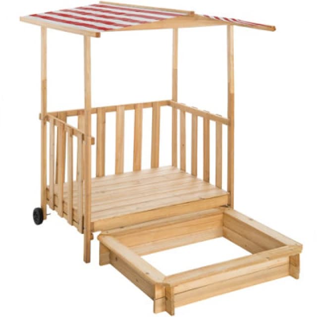Tectake Sandpit - With Seating Areas And Sunshade, Play Deck With Railing, Transport Wheels - Red