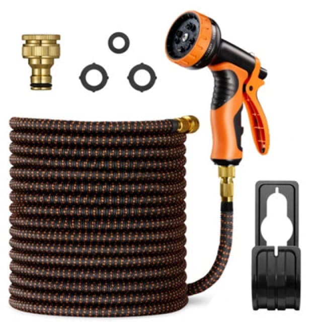 Vonhaus Expandable Garden Hose 50ft With 10-Pattern Spray Nozzle, 2 Brass Fittings, 4-Layer Latex Core, Wall Mounted