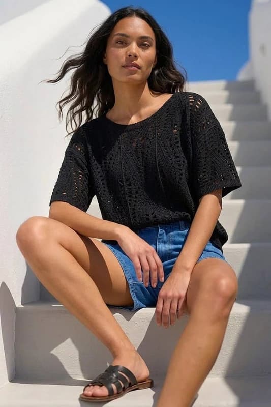 Roman Womens Crochet Detail Knit Top in Black Size: Large Black Female L