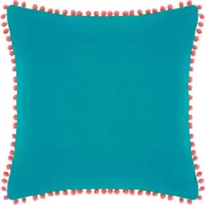 Paoletti Velvet Pompom Cushion Teal/Coral - Teal/Coral