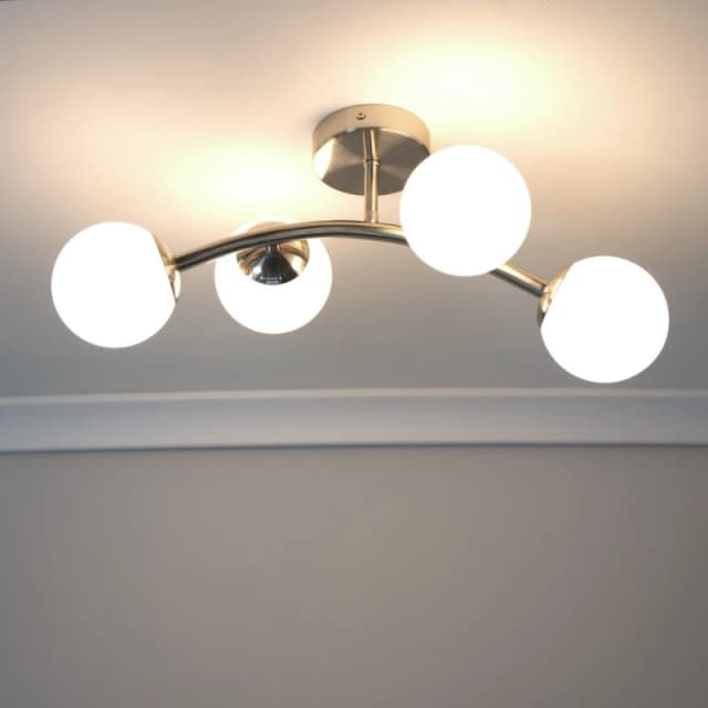 ValueLights Jas 4 Way Ceiling Light with Opal White Frosted Glass Globe Shades and LED Bulbs Silver
