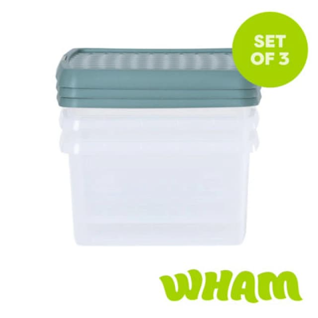 Wham Clip 3X 9L Square Plastic Storage Boxes With Clip Lock Lids. Ideal For Home, Office, Toys & More - Clear/green Milieu