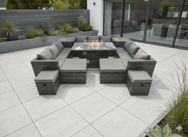 Fimous Rattan Garden Furniture Firepit Dining Set 13 Seater Lounge Sofa Table Set with 4 Footstools 2 Side Tables Dark Grey