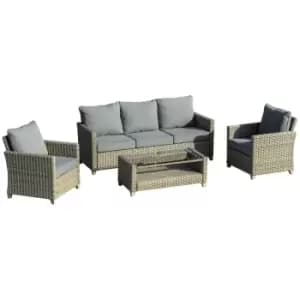 Outsunny 4pc Patio PE Rattan Sofa Set w/ Padded Cushion and 2-Tier Tea Table - Brown