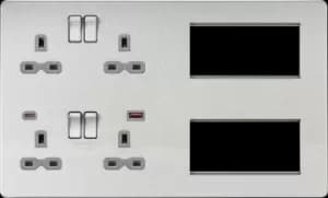 Screwless Combination Plate with Dual USB FASTCHARGE A+C - Brushed Chrome with grey insert 230V IP20