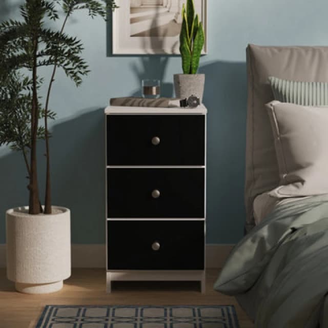 Portland 3 Drawer Bedside Cabinet In Black & White Matt (Ready Assembled)