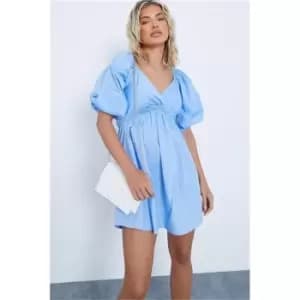 I Saw It First Baby Blue Cotton Poplin Wrap Front Frill Skater Dress - Blue