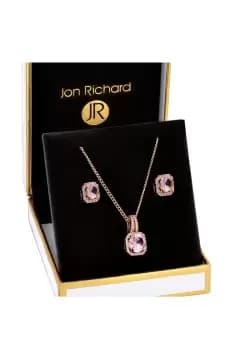 Pink Square Drop Pendant And Earring Set - Gift Boxed
