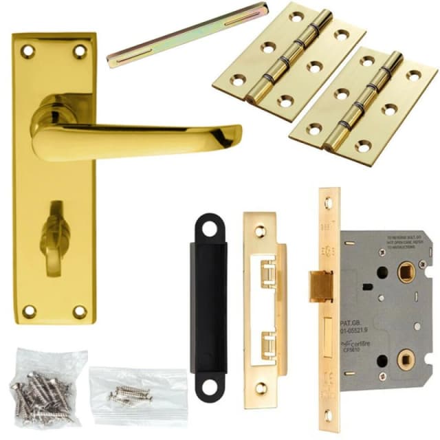 Loops Door Handle & Bathroom Lock Pack Brass Victorian Straight Thumbturn Backplate Metallics
