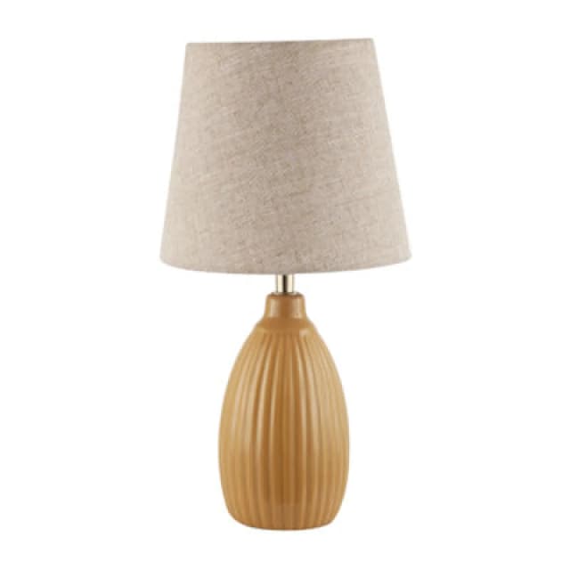 Happy Homewares Mustard Etched Lined Ceramic Gloss Table Lamp With Linen Fabric Shade
