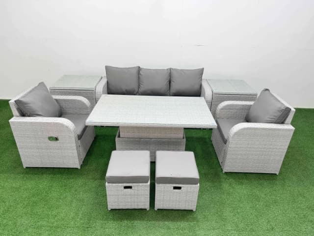 Fimous PE Rattan Garden Furniture Set Reclining Chair Sofa Lounge Sofa Set Adjustable Lifting Dining or Coffee Table 2 Side Table 2 Small Stools Light