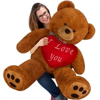 Plush Teddy Bear Valentine's Day Gift with Red I love You Text Heart Pillow Adorable Big Cuddly Soft Toy XXL - Brown