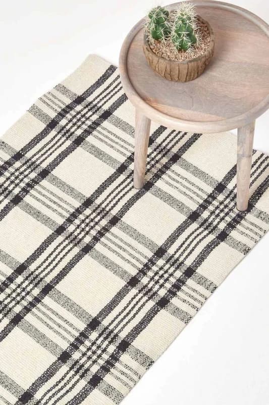 Homescapes Logan Black And White Tartan Check Non-Slip 100% Wool Rug, 120 X 170 Cm