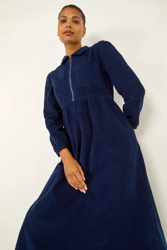 Roman Womens Corduroy Zip Detail Midi Dress in Navy Size: 18 Navy Female 18
