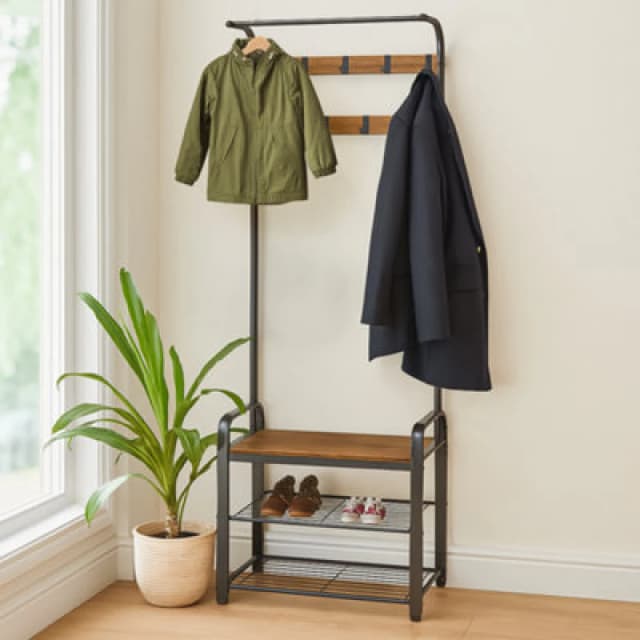 Harbour Housewares Curved Hallway Coat Rack With Shoe Bench - Black Frame & Brown Wood