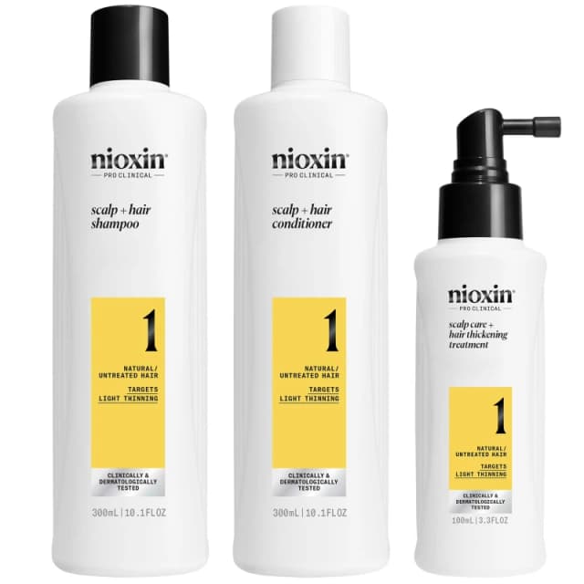 Nioxin Scalp + Hair Thickening System 1 for Natural Hair with Light Thinning, Loyalty Kit Clear