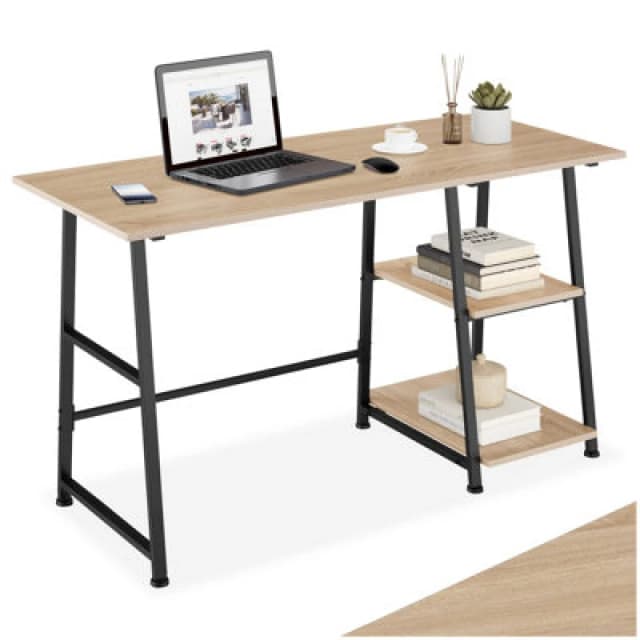 Tectake Desk Paisley - Trapezoidal Frame, Shelf With 2 Storage Compartments 50 Cm - Industrial Wood Light, Oak Sonoma